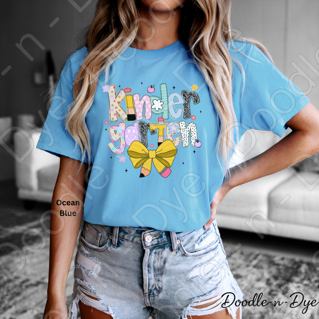 Kindergarten Teacher Shirt with Pencil Bow – Bella + Canvas Back‑to‑School Tee for Teachers, Staff, Classroom Prep & First‑Day Outfits