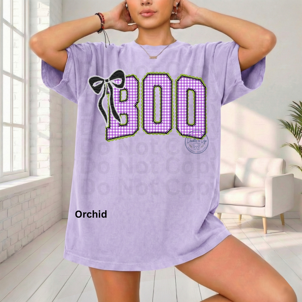 BOO Halloween Shirt | Purple Gingham Ghost Season Tee | Cute Halloween Graphic Shirt | Comfort Colors® 1717 Fall T-Shirt | Coquette Halloween Tee