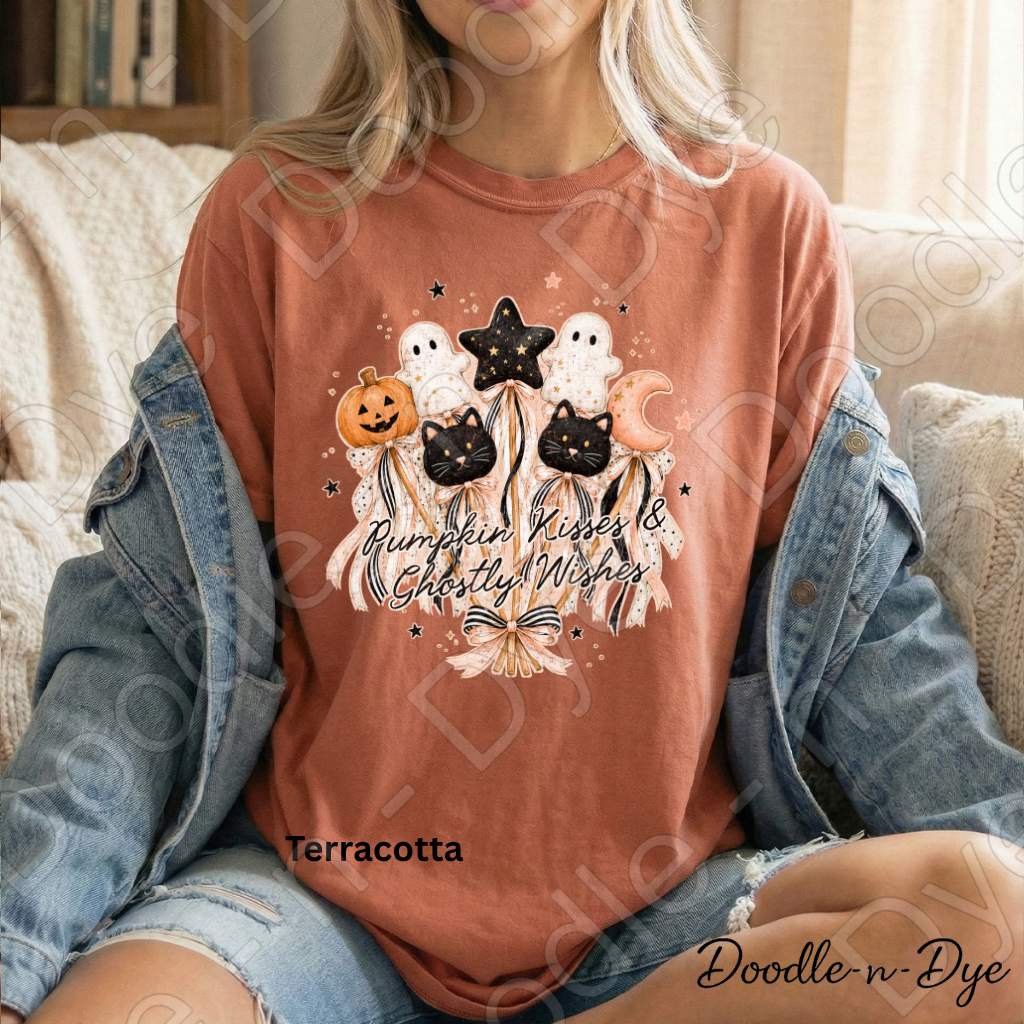 Pumpkin Kisses & Ghostly Wishes Shirt, Cute Halloween Tee, Comfort Colors Halloween Shirt, Ghost Pumpkin Cat Tee, Coquette Fall Shirt