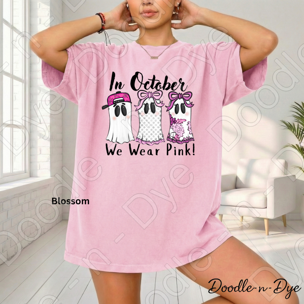 In October We Wear Pink Shirt | Doodle-n-Dye Original | Breast Cancer Awareness Ghost Tee | Comfort Colors 1717 | Cute Halloween Pink Shirt