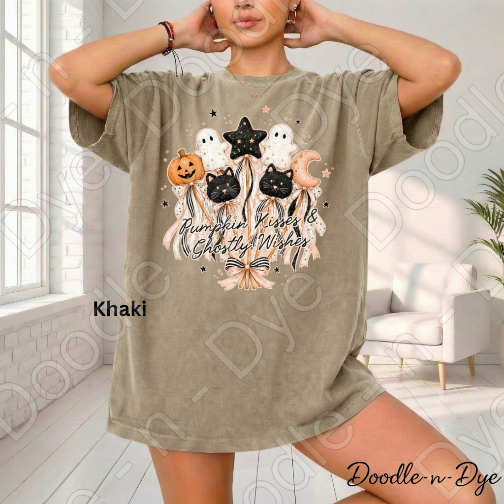 Pumpkin Kisses & Ghostly Wishes Shirt, Cute Halloween Tee, Comfort Colors Halloween Shirt, Ghost Pumpkin Cat Tee, Coquette Fall Shirt
