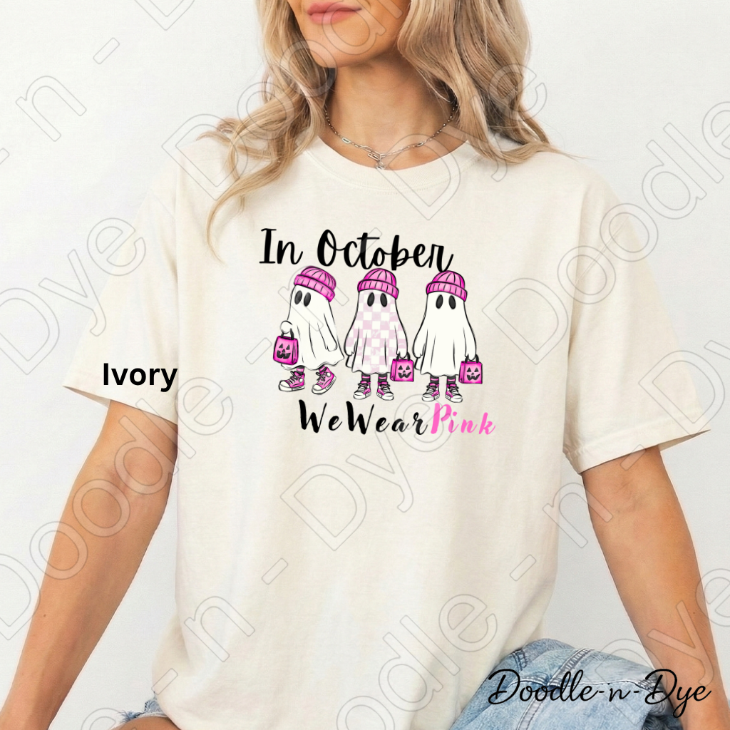 In October We Wear Pink Ghost Shirt | Breast Cancer Awareness Tee | Comfort Colors 1717 | Cute Halloween Ghost Shirt | October Pink Tee