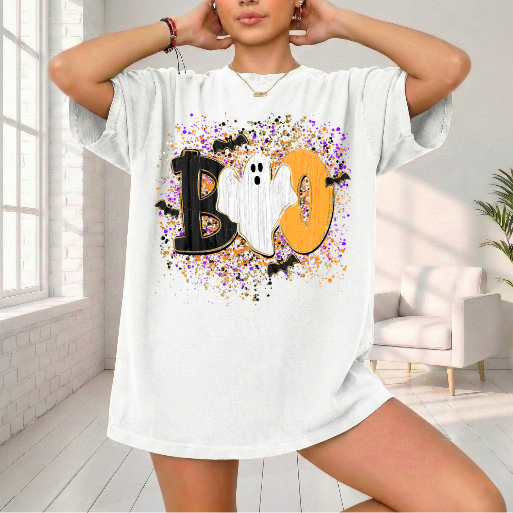 BOO Ghost Shirt | Comfort Colors® 1717 Cute Halloween T-Shirt | Spooky Season Ghost Tee | Bat Halloween Graphic Shirt | Fall Boutique Tee