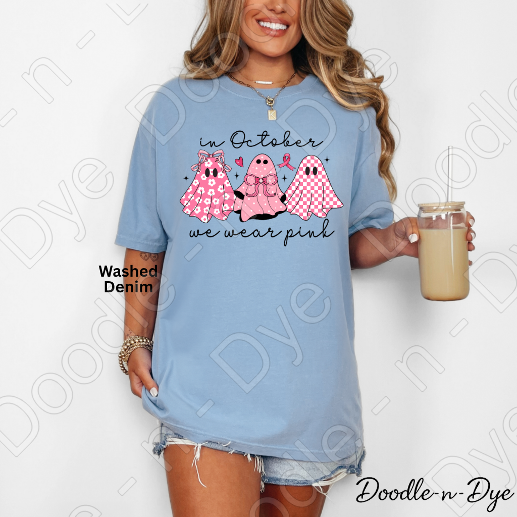 In October We Wear Pink Ghost Shirt | Breast Cancer Awareness Halloween Tee | Comfort Colors 1717 | Pink Ghost Graphic Shirt | October Cancer Support Tee
