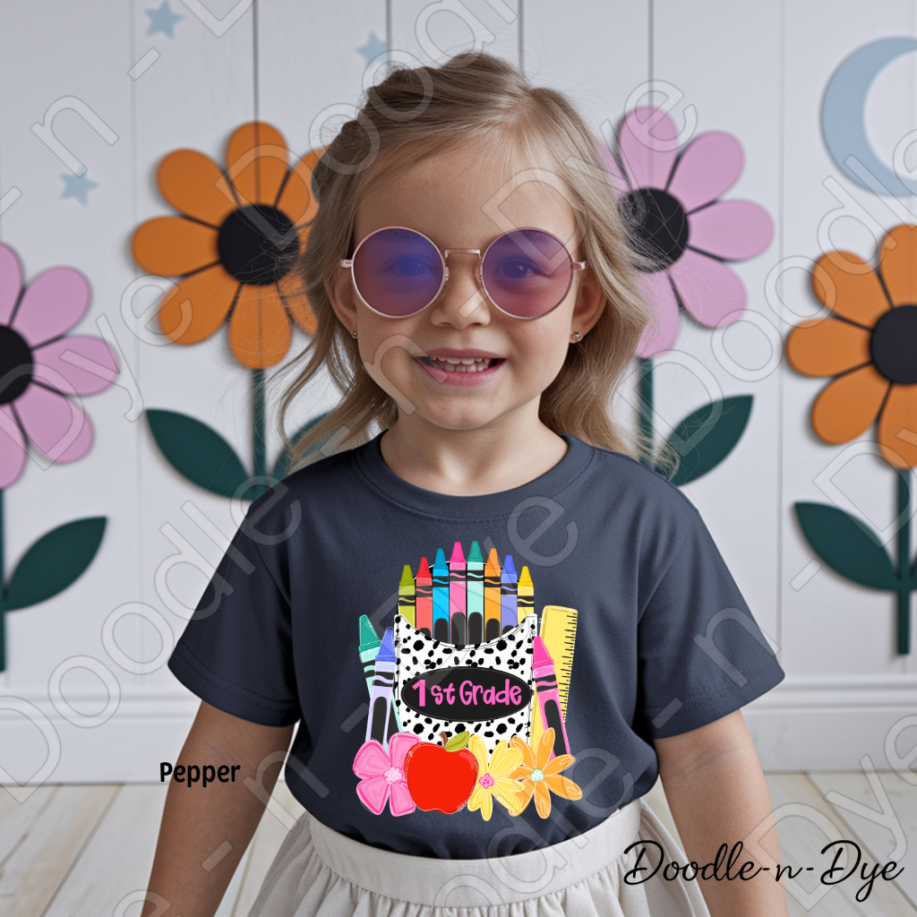 Youth 1st Grade Comfort Colors Tee, Back to School Kids Shirt, Cute Classroom Photo Outfit, Colorful Crayon Pocket First Grade Tee, Beginning of School Student Shirt
