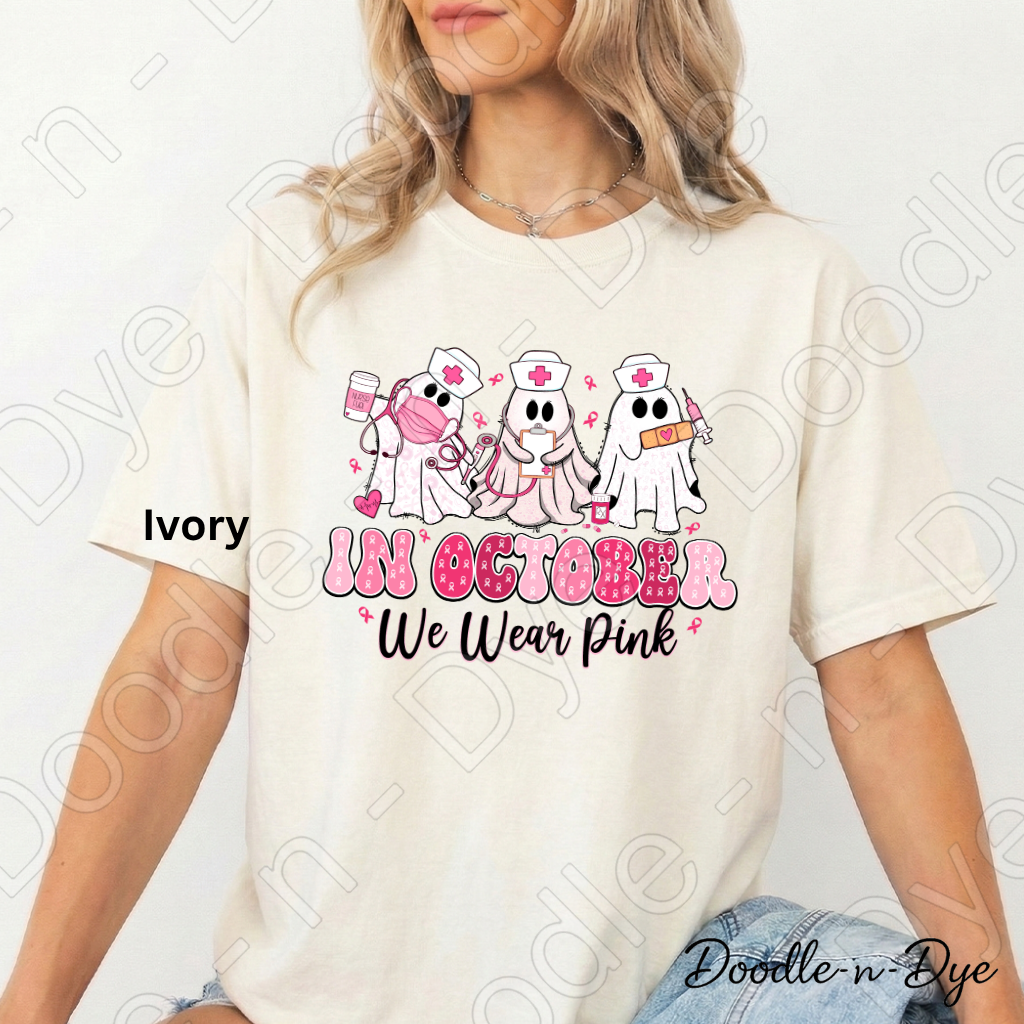 In October We Wear Pink Shirt | Breast Cancer Awareness Nurse Ghost Tee | Comfort Colors 1717 | Cute Halloween Pink Shirt | Healthcare Support Tee