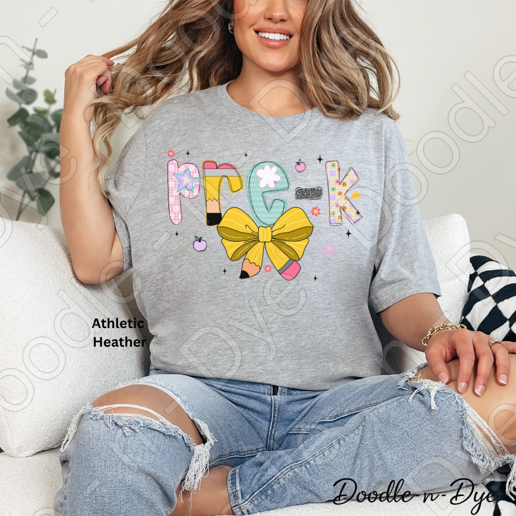 Pre‑K Teacher Shirt with Pencil Bow – Bella + Canvas Back‑to‑School Graphic Tee for Teachers, Staff, Preschool & Classroom Outfits
