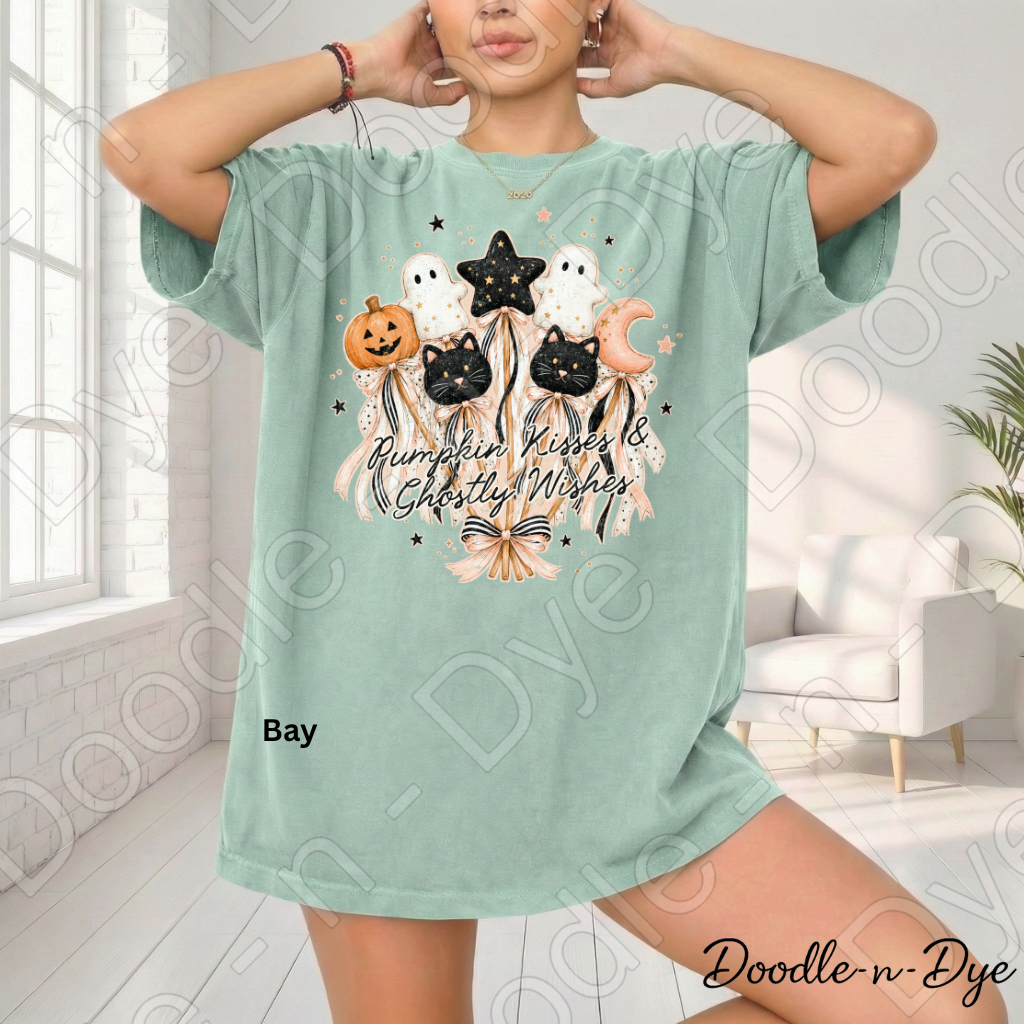 Pumpkin Kisses & Ghostly Wishes Shirt, Cute Halloween Tee, Comfort Colors Halloween Shirt, Ghost Pumpkin Cat Tee, Coquette Fall Shirt