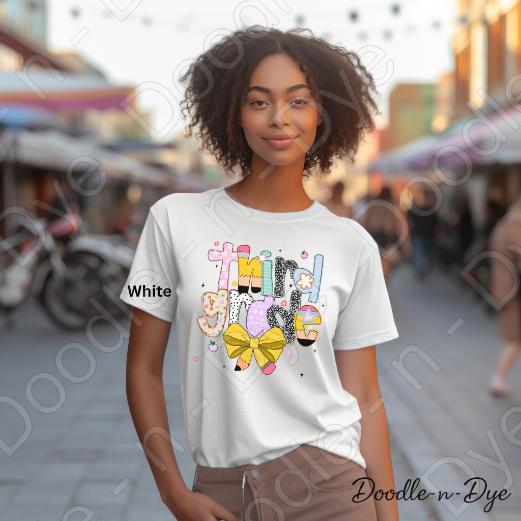 Third Grade Teacher Shirt with Pencil Bow – Bella + Canvas Back‑to‑School Tee for Teachers, Staff, Classroom Prep & First‑Day Outfits