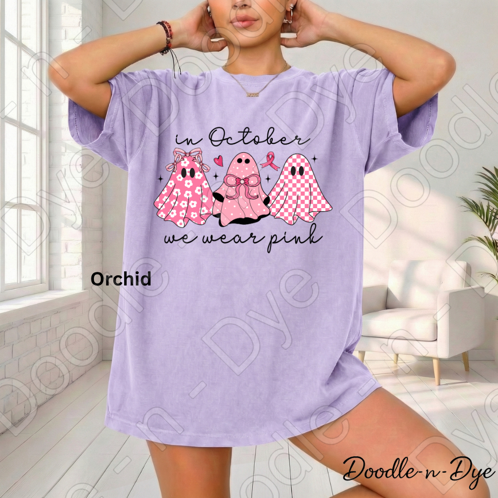 In October We Wear Pink Ghost Shirt | Breast Cancer Awareness Halloween Tee | Comfort Colors 1717 | Pink Ghost Graphic Shirt | October Cancer Support Tee