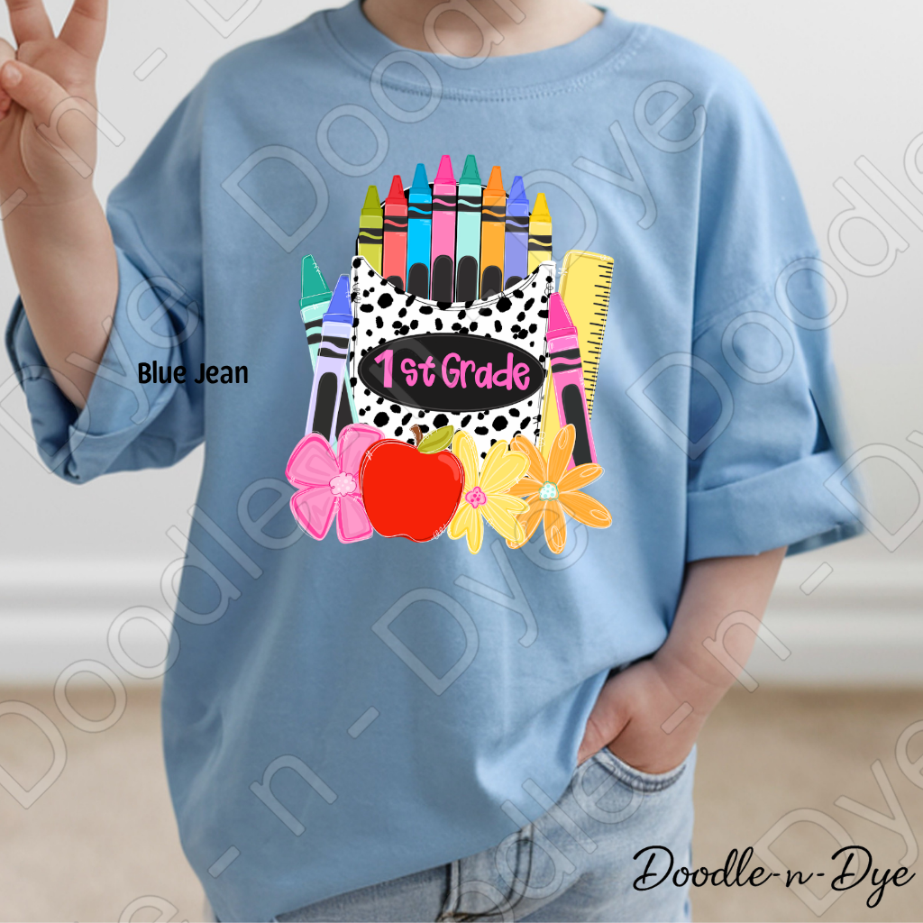 Youth 1st Grade Comfort Colors Tee, Back to School Kids Shirt, Cute Classroom Photo Outfit, Colorful Crayon Pocket First Grade Tee, Beginning of School Student Shirt