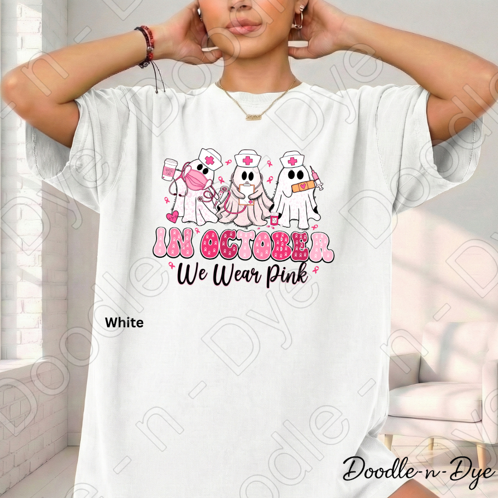 In October We Wear Pink Shirt | Breast Cancer Awareness Nurse Ghost Tee | Comfort Colors 1717 | Cute Halloween Pink Shirt | Healthcare Support Tee