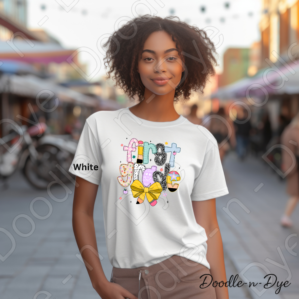 First Grade Teacher Shirt with Pencil Bow – Bella + Canvas Back‑to‑School Tee for Teachers, Staff, Classroom Prep & First‑Day Outfits