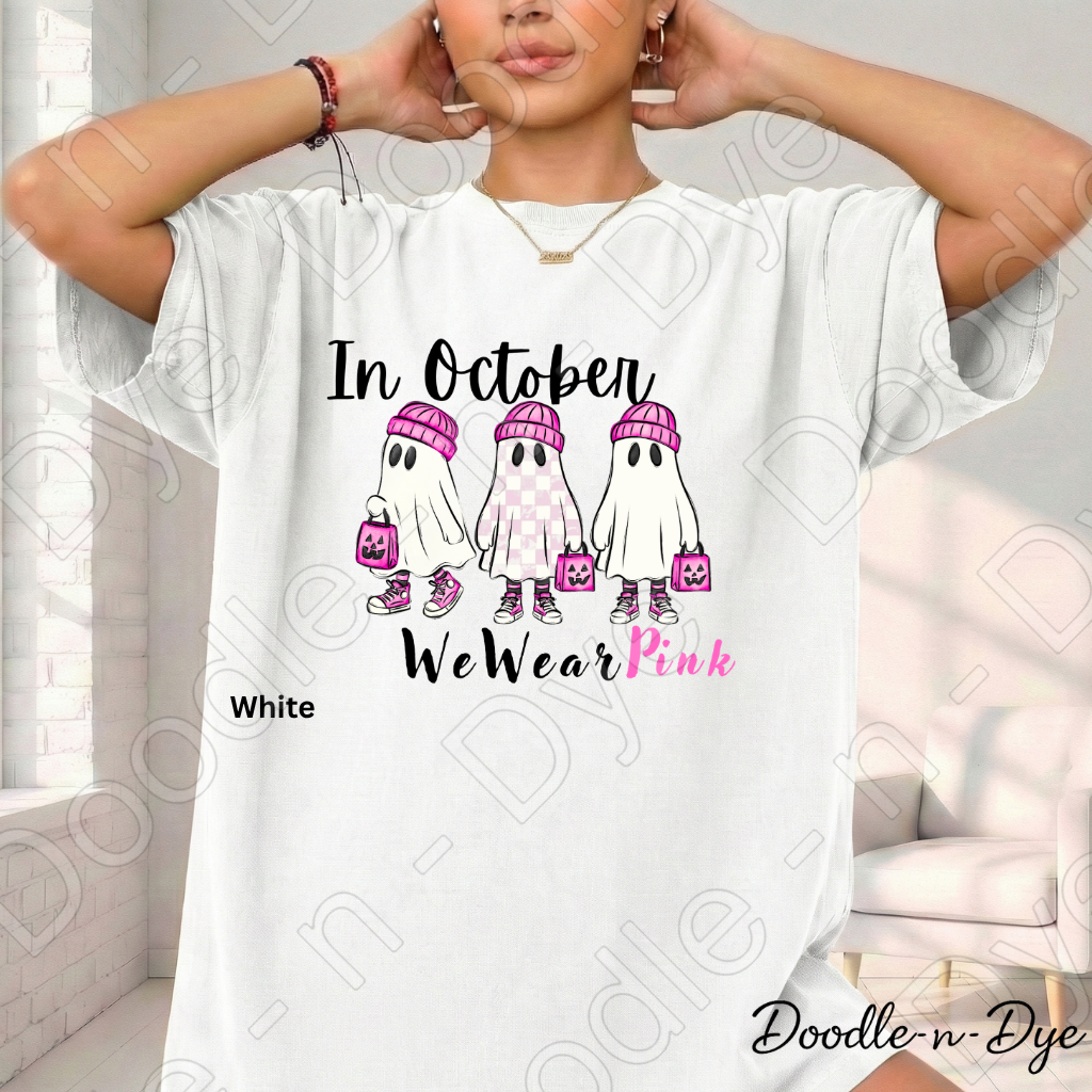 In October We Wear Pink Ghost Shirt | Breast Cancer Awareness Tee | Comfort Colors 1717 | Cute Halloween Ghost Shirt | October Pink Tee