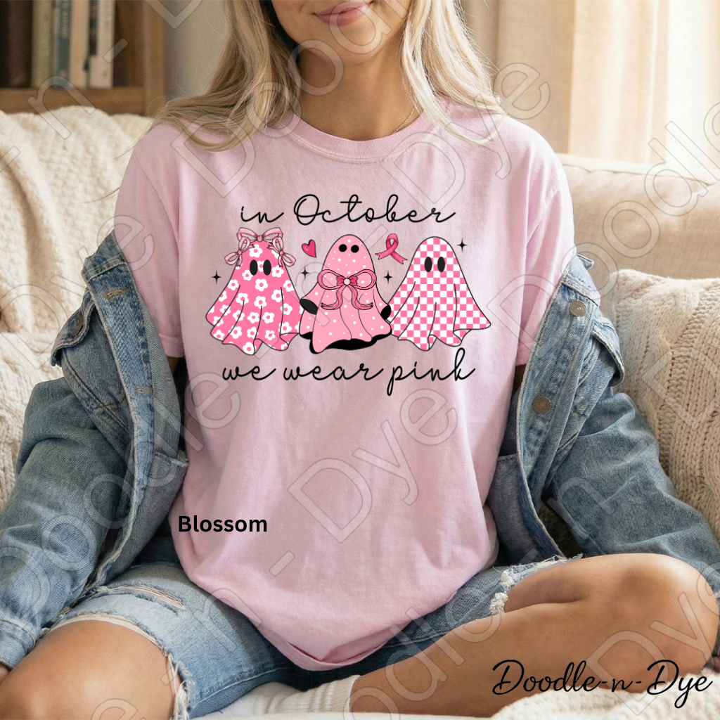 In October We Wear Pink Ghost Shirt | Breast Cancer Awareness Halloween Tee | Comfort Colors 1717 | Pink Ghost Graphic Shirt | October Cancer Support Tee