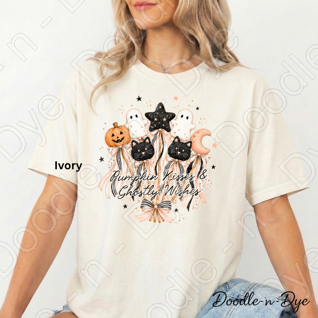 Pumpkin Kisses & Ghostly Wishes Shirt, Cute Halloween Tee, Comfort Colors Halloween Shirt, Ghost Pumpkin Cat Tee, Coquette Fall Shirt