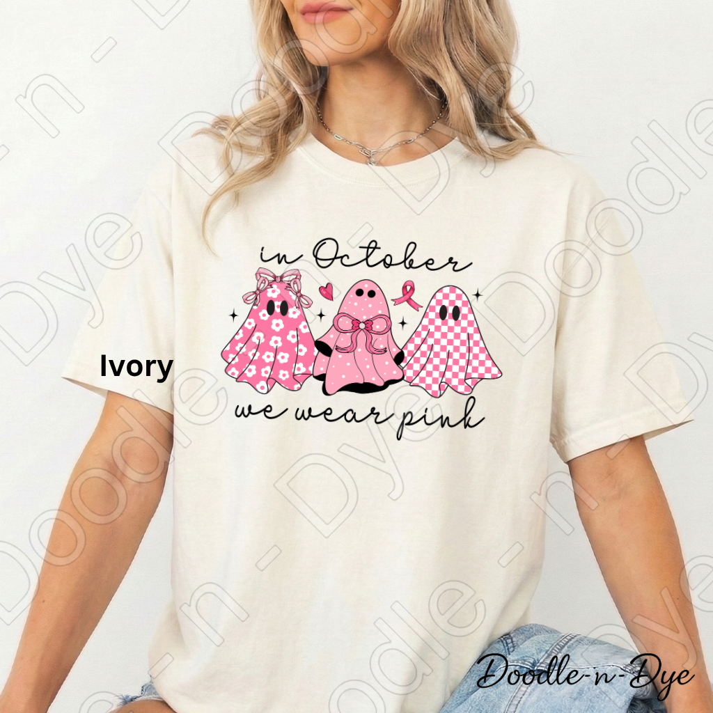 In October We Wear Pink Ghost Shirt | Breast Cancer Awareness Halloween Tee | Comfort Colors 1717 | Pink Ghost Graphic Shirt | October Cancer Support Tee