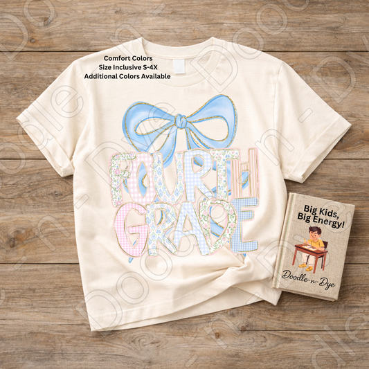Fourth Grade Teacher Shirt, Pastel Coquette Blue Bow Teacher Tee, Grade Level Comfort Colors 1717 Teacher Shirt | Back to School Teacher Gift