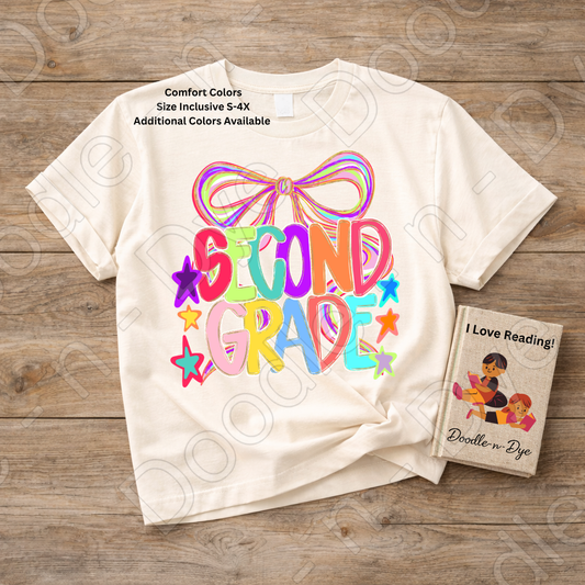 Second Grade Teacher Shirt, Colorful Second Grade Coquette Bow Tee, Grade Level Comfort Colors Back to School Teacher Shirt