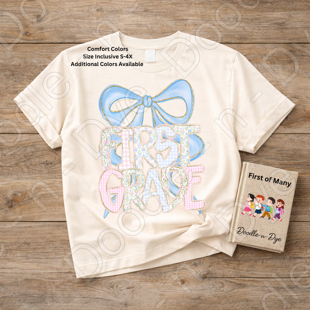 First Grade Teacher Shirt, Coquette Blue Bow First Grade Tee, Grade Level Comfort Colors Back to School Teacher Shirt