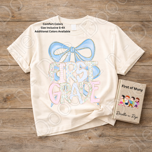 First Grade Teacher Shirt, Coquette Blue Bow First Grade Tee, Grade Level Comfort Colors Back to School Teacher Shirt
