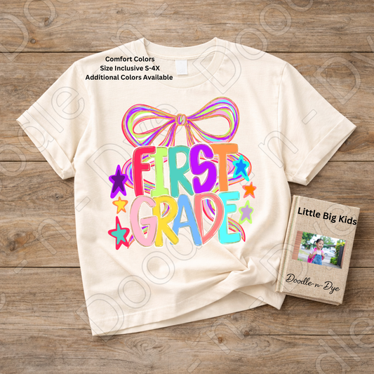 First Grade Teacher Shirt, Colorful First Grade Coquette Bow Tee, Grade Level Comfort Colors Back to School Teacher Shirt