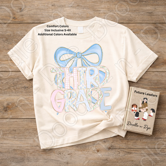 Third Grade Teacher Shirt, Pastel Blue Coquette Bow Teacher Tee, Grade Level Comfort Colors 1717 Teacher Shirt | Back to School Teacher Gift