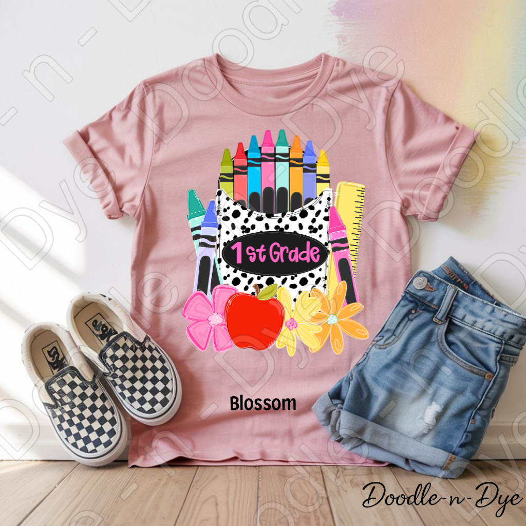 Youth 1st Grade Comfort Colors Tee, Back to School Kids Shirt, Cute Classroom Photo Outfit, Colorful Crayon Pocket First Grade Tee, Beginning of School Student Shirt