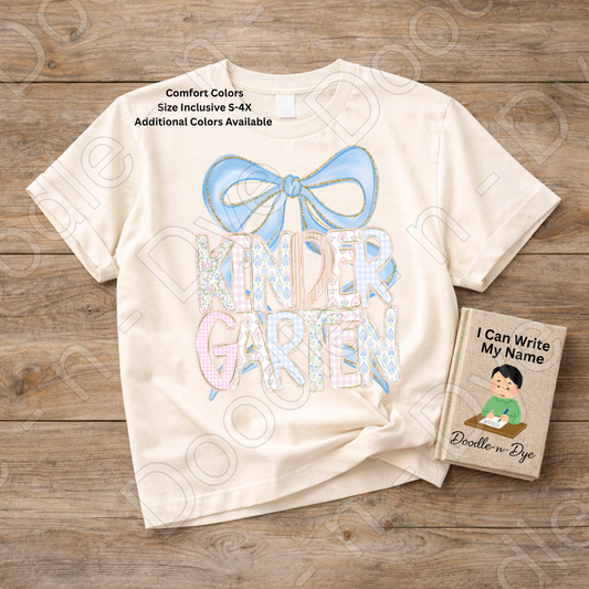 Kindergarten Teacher Shirt, Blue Coquette Bow Kindergarten Tee, Grade Level Comfort Colors Back to School Teacher Shirt