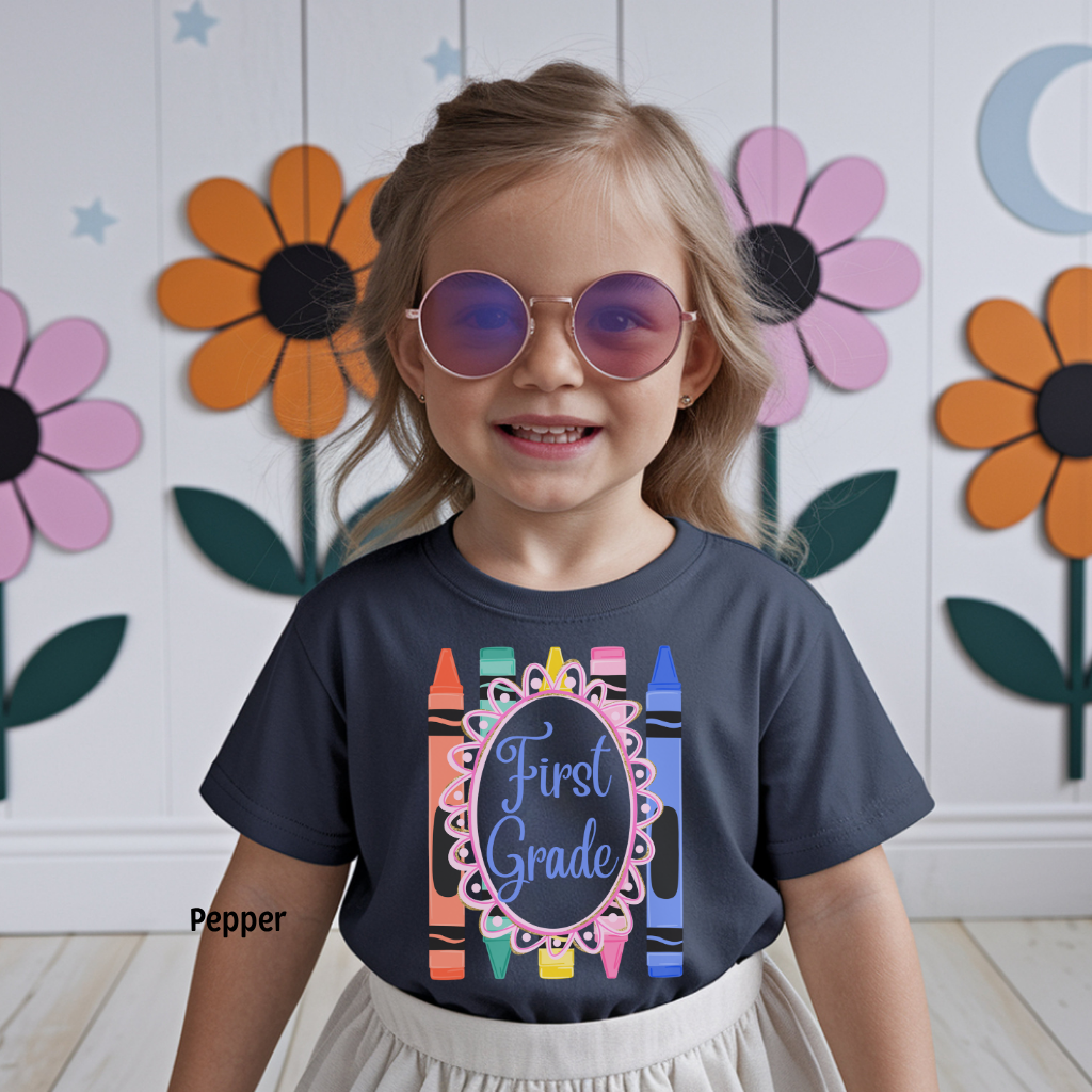 First Grade Youth Comfort Colors Tee, Back to School Kids Shirt, Cute Classroom Photo Outfit, Colorful Crayon First Grade Tee, Beginning of School Student Shirt