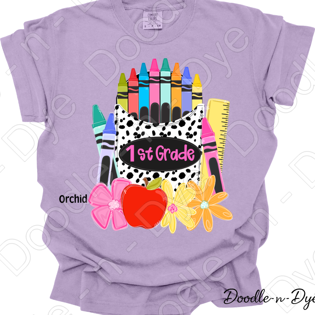 Youth 1st Grade Comfort Colors Tee, Back to School Kids Shirt, Cute Classroom Photo Outfit, Colorful Crayon Pocket First Grade Tee, Beginning of School Student Shirt