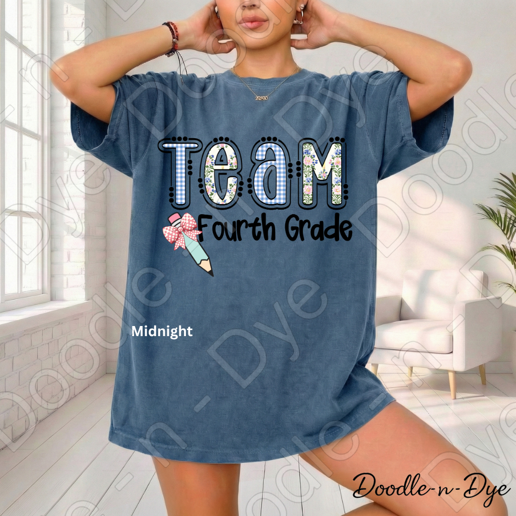 Fourth Grade Teacher Shirt, Team Fourth Grade Comfort Colors Teacher Tee, Doodle-n-Dye Original Design Teacher Shirt, Back to School Teacher Gift