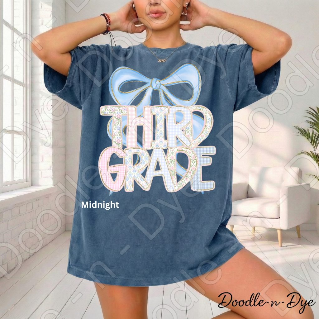 Third Grade Teacher Shirt, Pastel Blue Coquette Bow Teacher Tee, Grade Level Comfort Colors 1717 Teacher Shirt | Back to School Teacher Gift