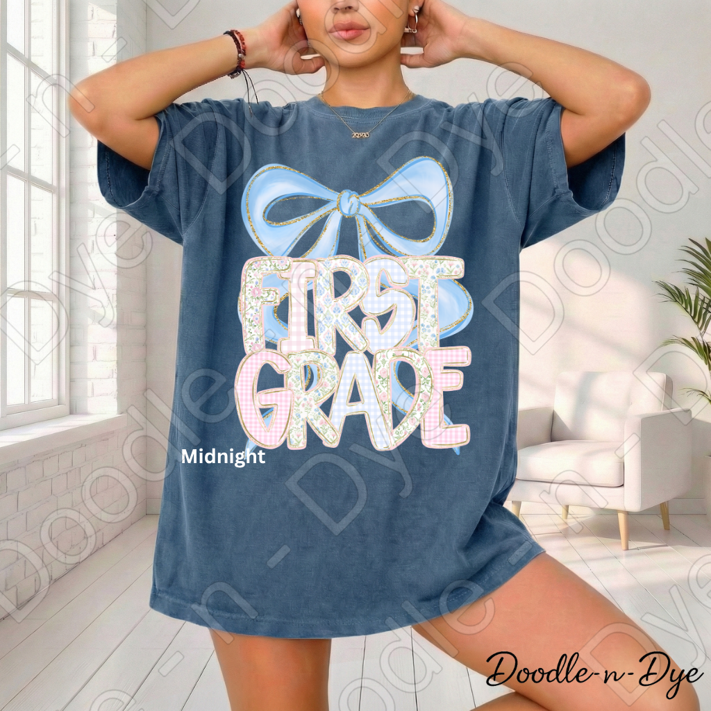 First Grade Teacher Shirt, Coquette Blue Bow First Grade Tee, Grade Level Comfort Colors Back to School Teacher Shirt