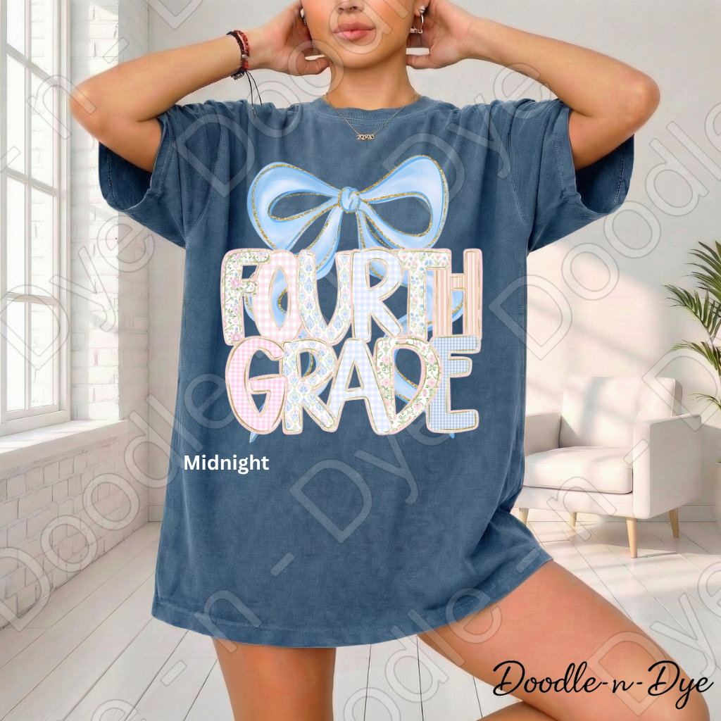 Fourth Grade Teacher Shirt, Pastel Coquette Blue Bow Teacher Tee, Grade Level Comfort Colors 1717 Teacher Shirt | Back to School Teacher Gift