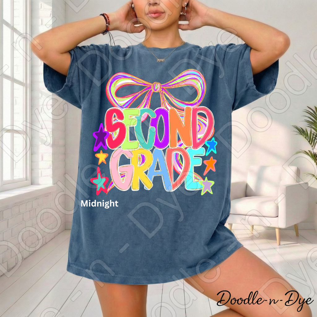 Second Grade Teacher Shirt, Colorful Second Grade Coquette Bow Tee, Grade Level Comfort Colors Back to School Teacher Shirt