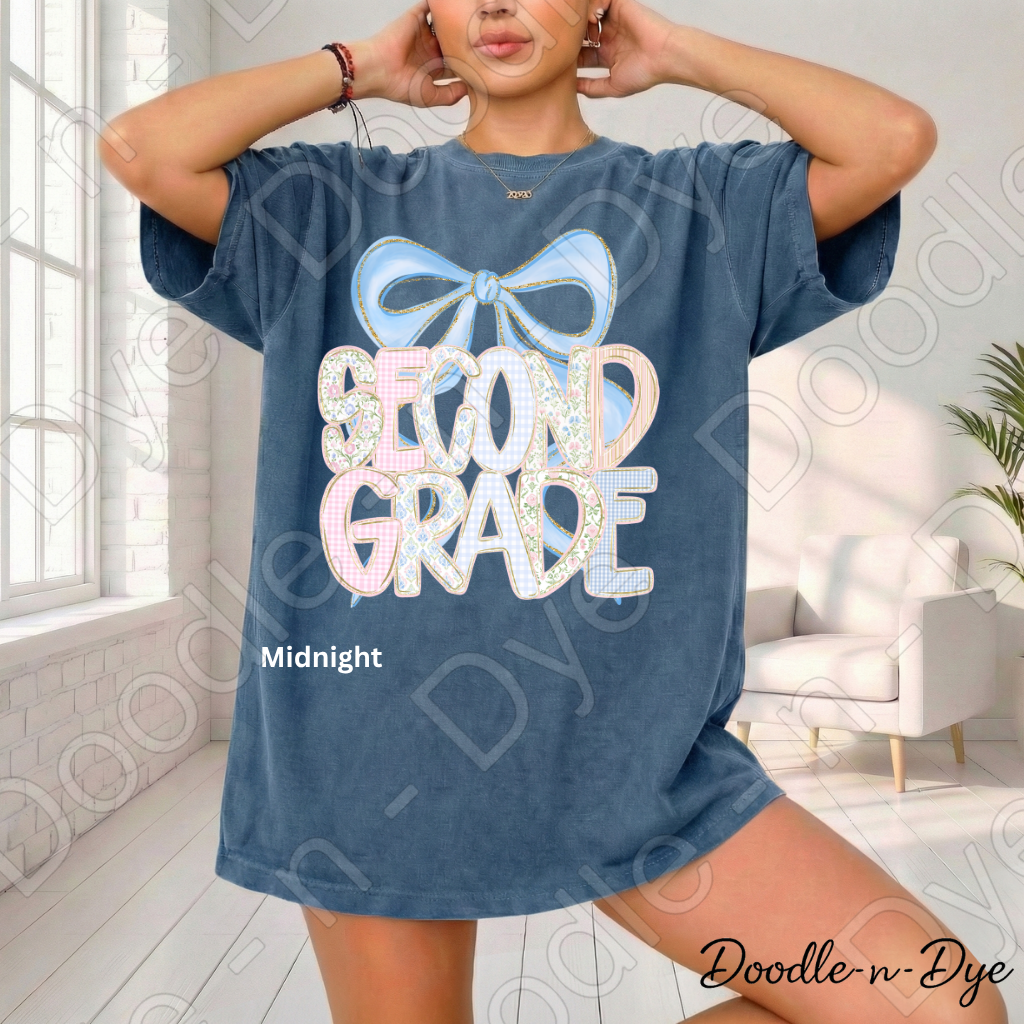Second Grade Teacher Shirt, Pastel Blue Coquette Bow Teacher Tee, Second Grade Teacher Gift, Grade Level Comfort Colors 1717 Graphic Tee