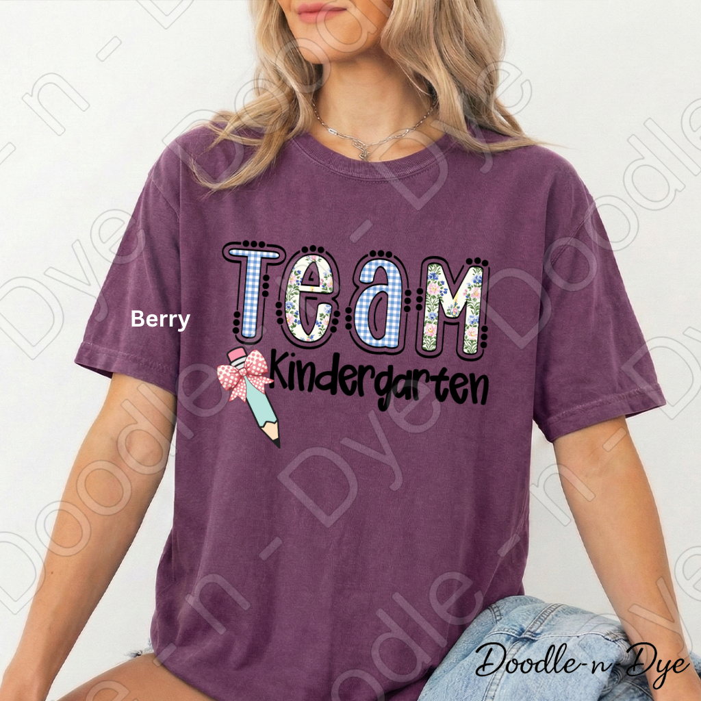 Kindergarten Teacher Shirt, Team Kindergarten Comfort Colors Tee, Doodle-n-Dye Original Design, Grade Level Teacher Team Shirt, Back to School Teacher Gift