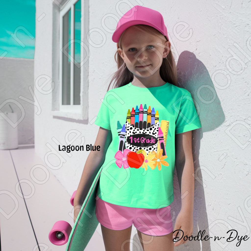 Youth 1st Grade Comfort Colors Tee, Back to School Kids Shirt, Cute Classroom Photo Outfit, Colorful Crayon Pocket First Grade Tee, Beginning of School Student Shirt