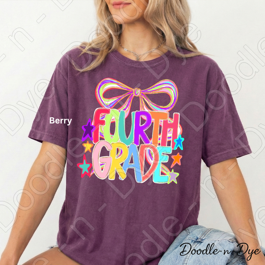 Fourth Grade Teacher Shirt, Colorful Fourth Grade Coquette Bow Tee, Grade Level Comfort Colors Back to School Teacher Shirt