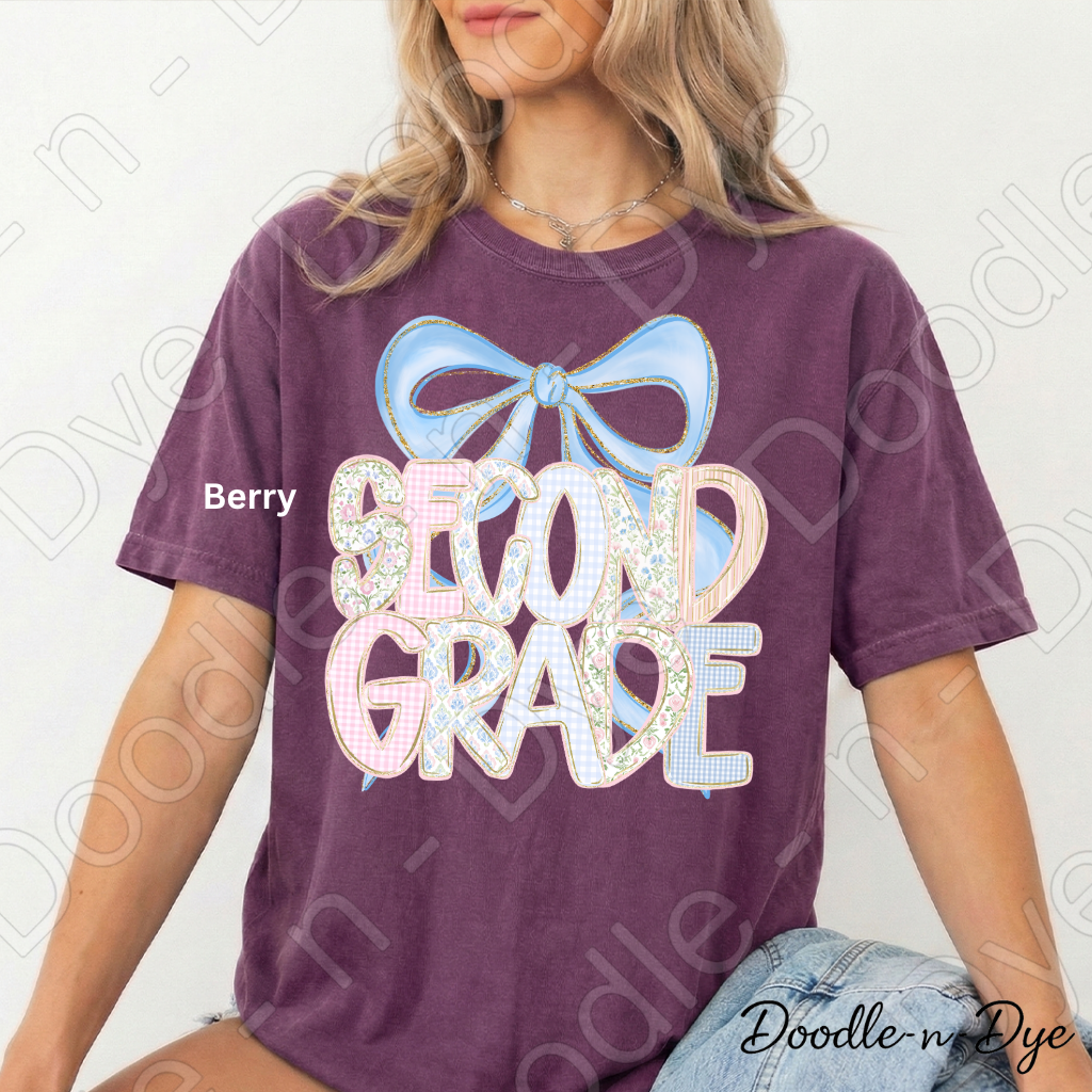 Second Grade Teacher Shirt, Pastel Blue Coquette Bow Teacher Tee, Second Grade Teacher Gift, Grade Level Comfort Colors 1717 Graphic Tee