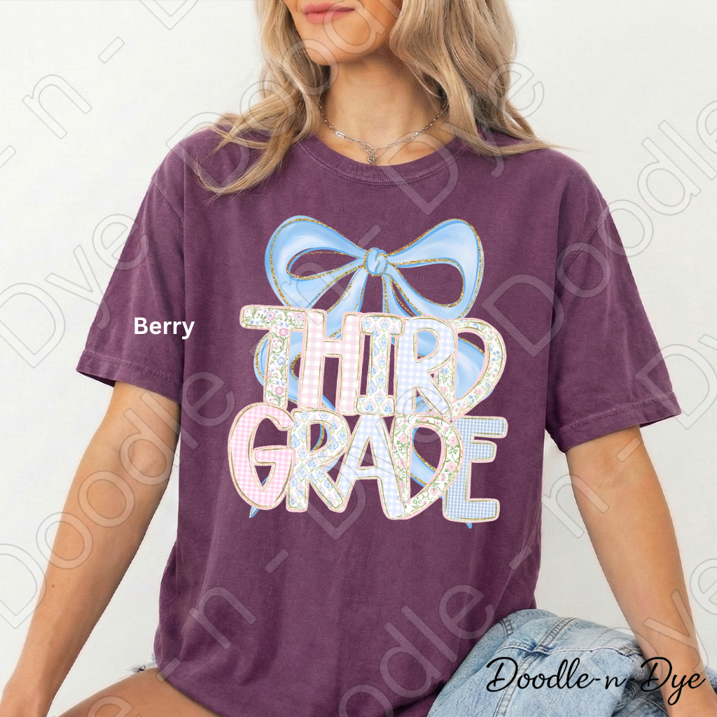 Third Grade Teacher Shirt, Pastel Blue Coquette Bow Teacher Tee, Grade Level Comfort Colors 1717 Teacher Shirt | Back to School Teacher Gift