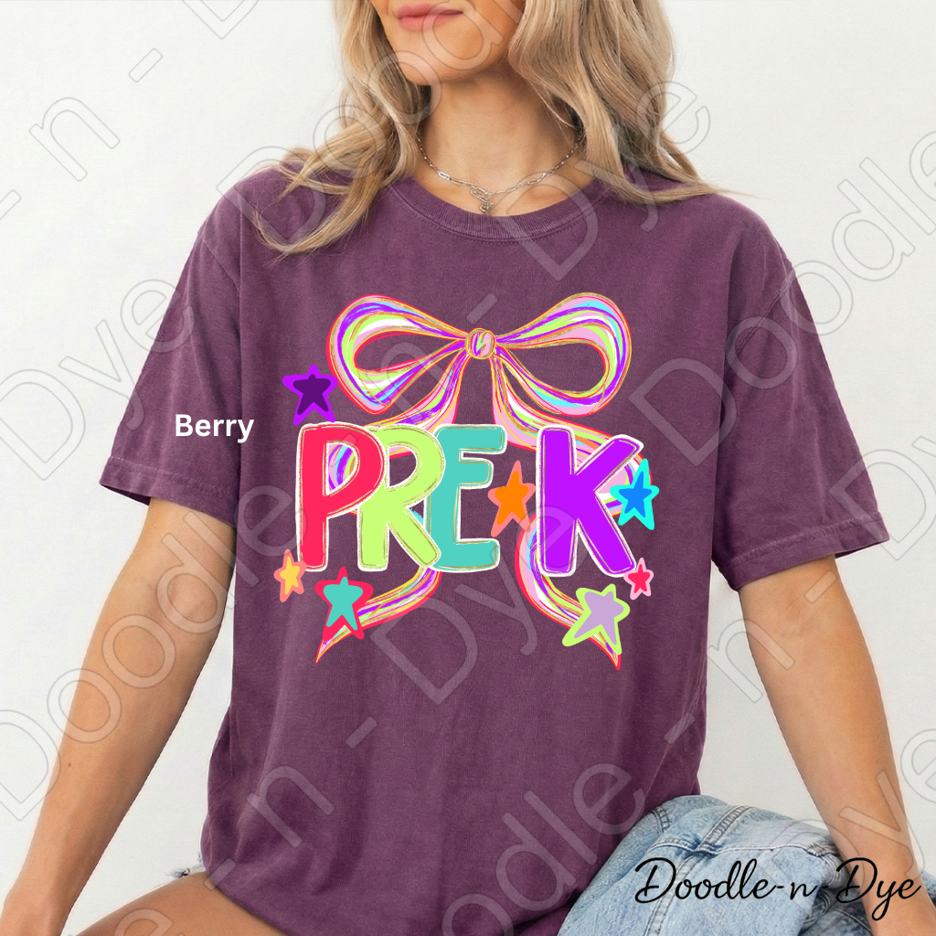 Pre-K Teacher Shirt – Colorful PRE-K Bow Tee | Comfort Colors Preschool Teacher Back to School Shirt