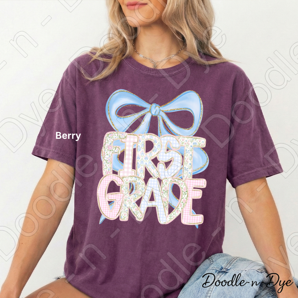 First Grade Teacher Shirt, Coquette Blue Bow First Grade Tee, Grade Level Comfort Colors Back to School Teacher Shirt