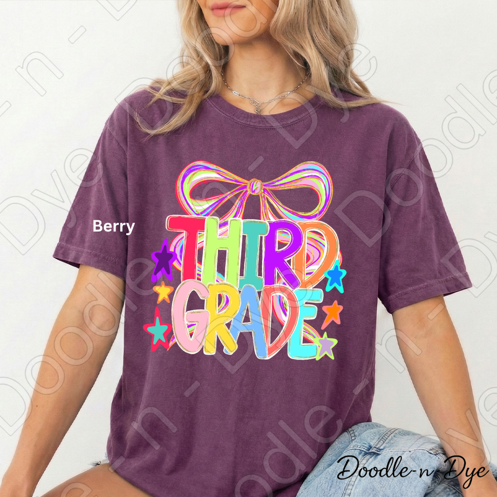 Third Grade Teacher Shirt, Colorful Third Grade Coquette Bow Tee, Grade Level Comfort Colors Back to School Teacher Shirt