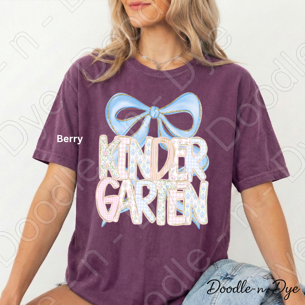 Kindergarten Teacher Shirt, Blue Coquette Bow Kindergarten Tee, Grade Level Comfort Colors Back to School Teacher Shirt