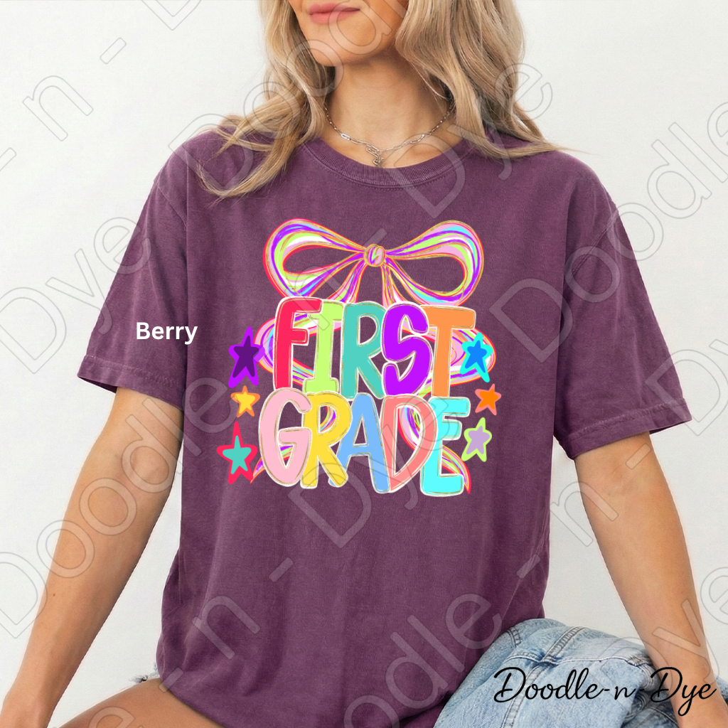 First Grade Teacher Shirt, Colorful First Grade Coquette Bow Tee, Grade Level Comfort Colors Back to School Teacher Shirt