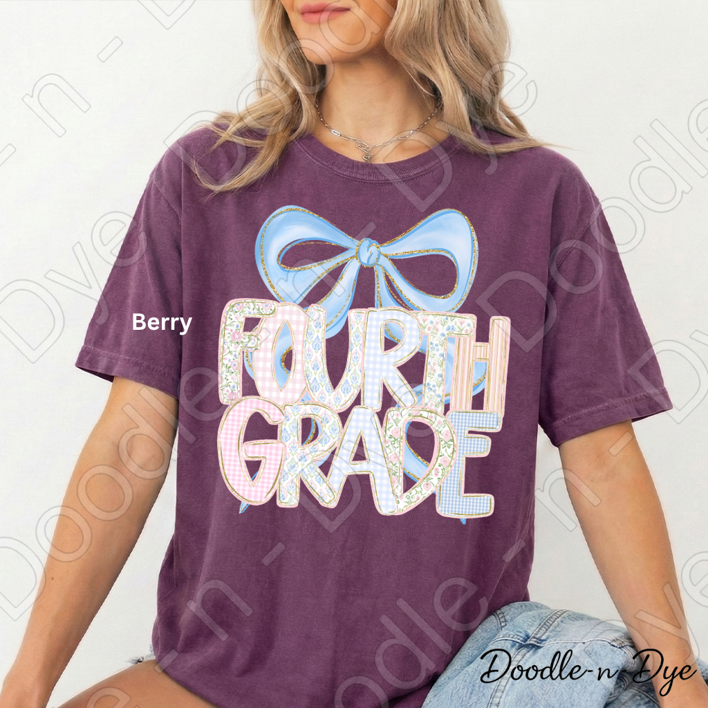Fourth Grade Teacher Shirt, Pastel Coquette Blue Bow Teacher Tee, Grade Level Comfort Colors 1717 Teacher Shirt | Back to School Teacher Gift