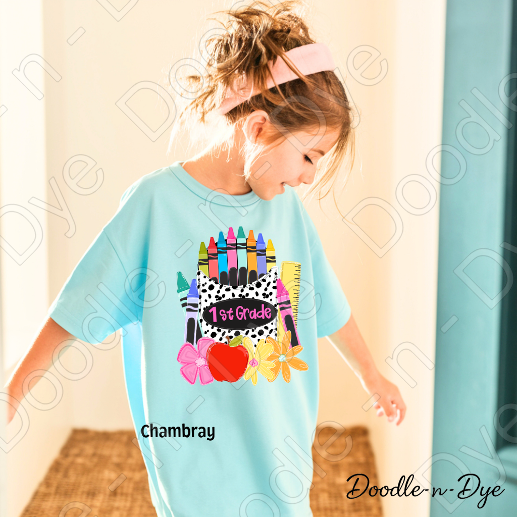 Youth 1st Grade Comfort Colors Tee, Back to School Kids Shirt, Cute Classroom Photo Outfit, Colorful Crayon Pocket First Grade Tee, Beginning of School Student Shirt