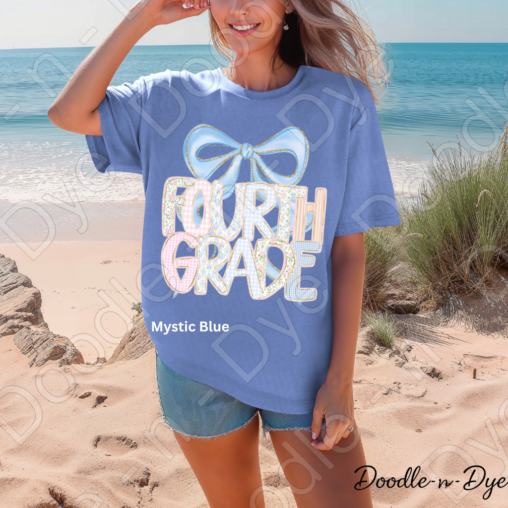 Fourth Grade Teacher Shirt, Pastel Coquette Blue Bow Teacher Tee, Grade Level Comfort Colors 1717 Teacher Shirt | Back to School Teacher Gift